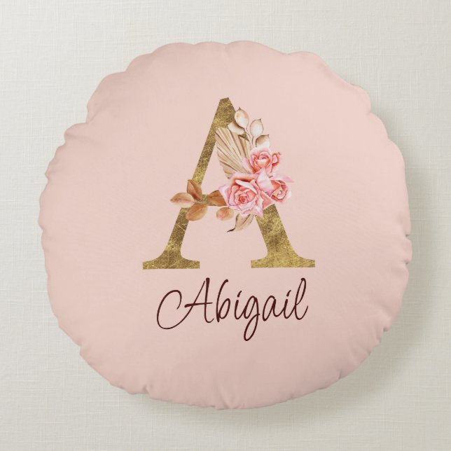 Almofada Redonda Nome Personalizado Folha de Ouro Blush Rosas Rosa  (Frente)