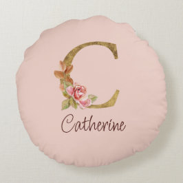 Almofada Redonda Nome Personalizado Folha de Ouro Blush Rosas Rosa 