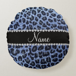 Almofada Redonda Nome personalizado impressão leopardo azul-claro
