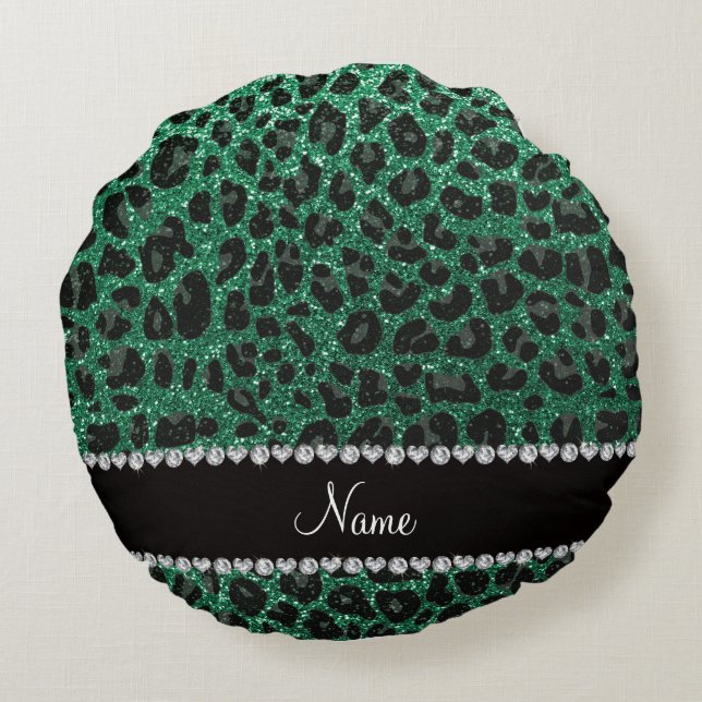 Almofada Redonda Nome personalizado mint verde brilho leopardo (Verso)