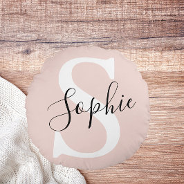 Almofada Redonda Nome Personalizado Moderno Monograma Pastel Rosa