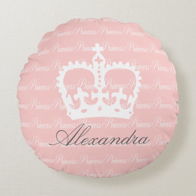 Almofada Redonda Nome Personalizado Princesa Rosa-n-Branco (Frente)