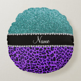 Almofada Redonda Nome personalizado turquesa-leopardo-roxo