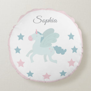 Almofada Redonda Nome Personalizado Unicórnio Rosa Azul Fofo