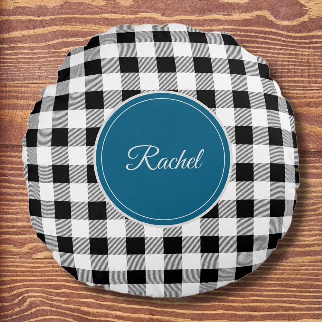 Almofada Redonda Nome, qualquer cor escura, verificação de búfalo b (Criador carregado)