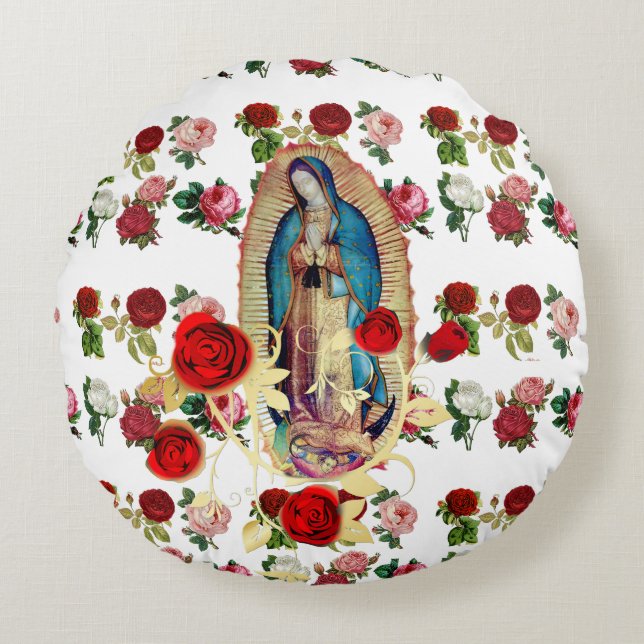 Almofada Redonda Nossa Senhora de Guadalupe Rosas Virgem Maria Sant (Frente)