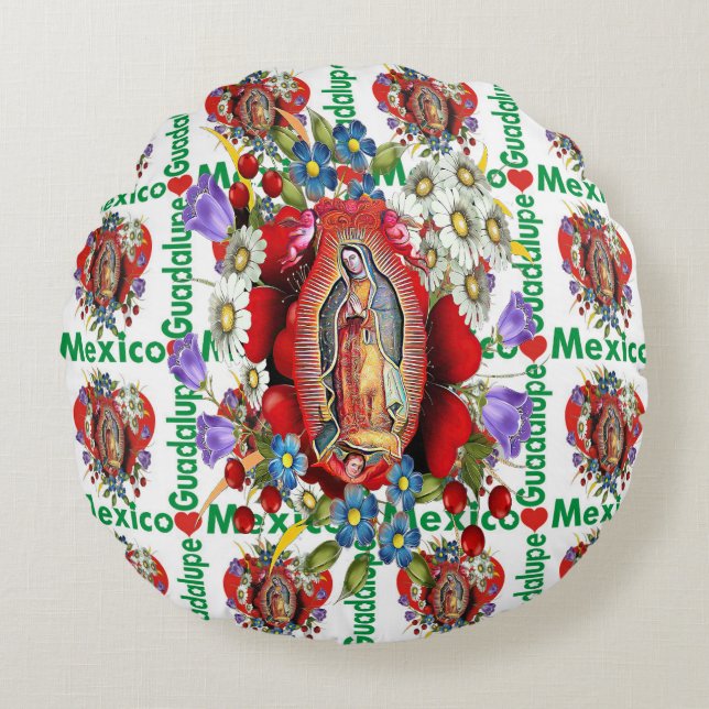 Almofada Redonda Nossa Senhora de Guadalupe, Virgem Maria Aztec Mex (Frente)