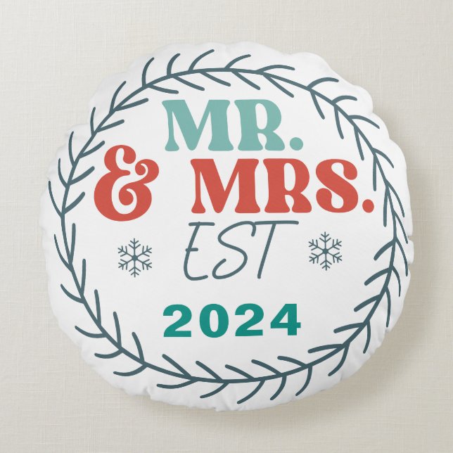 Almofada Redonda Nosso Primeiro Natal como Sr. e Sra. (Frente)