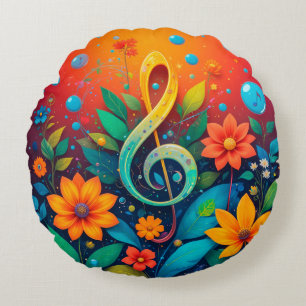 Almofada Redonda Nota Musical Artística Rodeada Por Flores Colorida