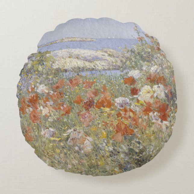Almofada Redonda O Jardim de Celia Thaxter por Frederick Childe Has (Frente)