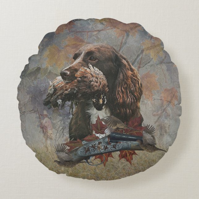 Almofada Redonda O Sprocker Spaniel , arte de cão de caça  (Frente)