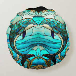 Almofada Redonda Ocean Beach Blue Dolphaux Faux StainGlass
