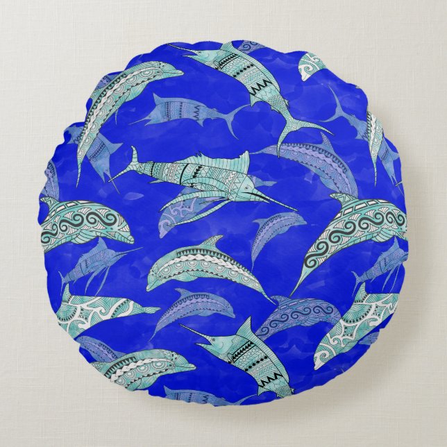 Almofada Redonda Ocean Blue Marine Animals Dolphins Marlins (Frente)