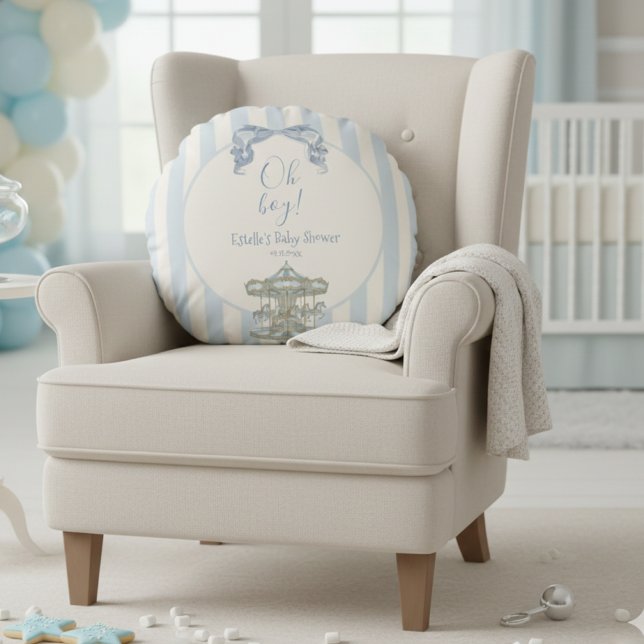 Almofada Redonda Oh Boy Blue Bow Carousel Stripe Baby Shower (Criador carregado)