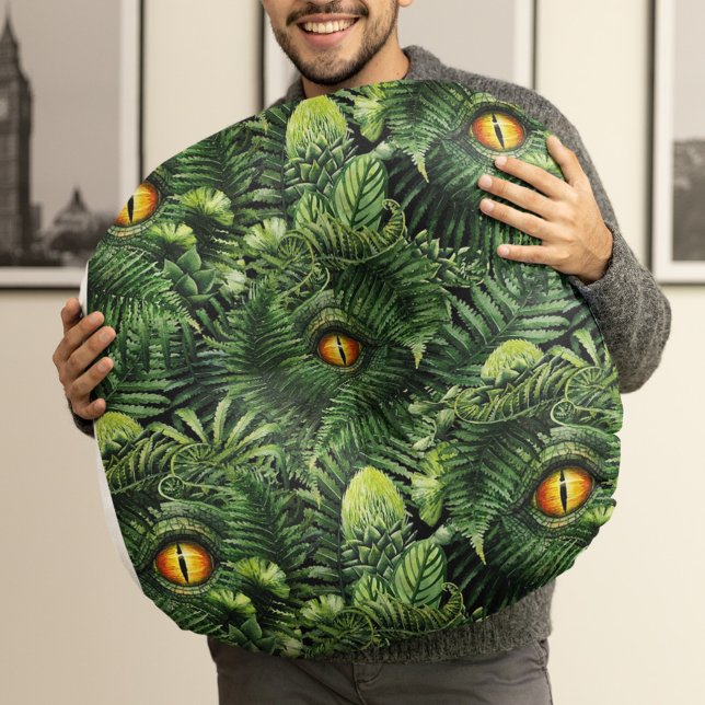 Almofada Redonda Olhos de Dinossauro Plantas Verdes Arte de Criatur (Criador carregado)