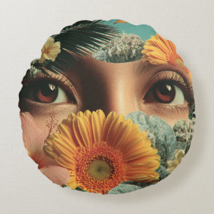 Almofada Redonda Olhos Surrealistas e Flores com Borboletas