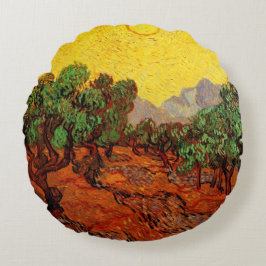 Almofada Redonda Oliveiras de Van Gogh com Céu Amarelo e Sol
