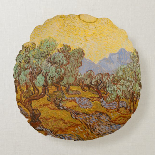 Almofada Redonda Oliveiras de Van Gogh Sol Amarelo Céu (Frente)