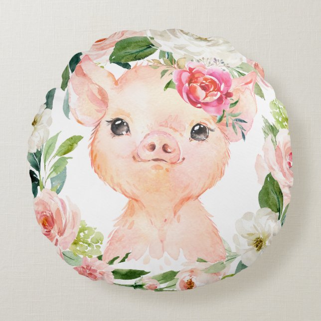 Almofada Redonda Olivia Pigsley Pig com Grinalda Floral Rosa Bege (Frente)