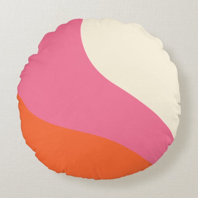 Almofada Redonda Ondas Simples - Rosa, Laranja e Creme (Frente)