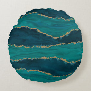 Almofada Redonda Ondas Teal Agate – Mármore Abstrato com Dourado