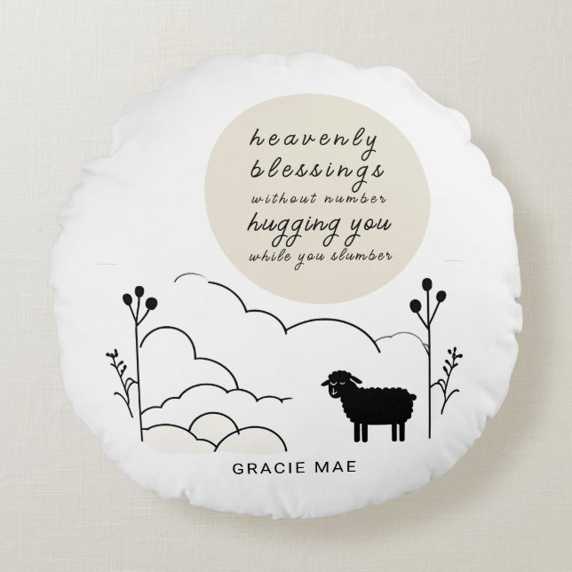 Almofada Redonda Oração de Bênçãos Pesadas | Cores Neutras | Ovinos (Frente)