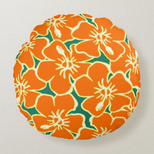 Almofada Redonda Orange Hibiscus Flowers Tropical Havaiana Luau