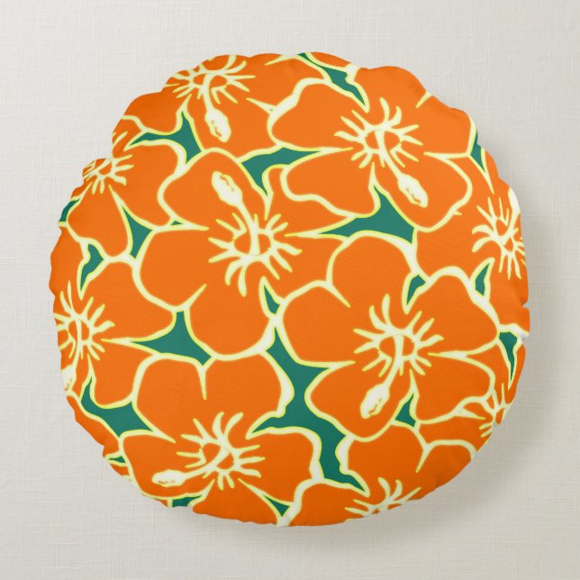 Almofada Redonda Orange Hibiscus Flowers Tropical Havaiana Luau (Frente)