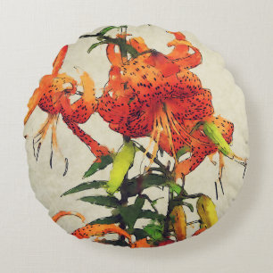 Almofada Redonda Orange Watercolor Tiger Lily 1