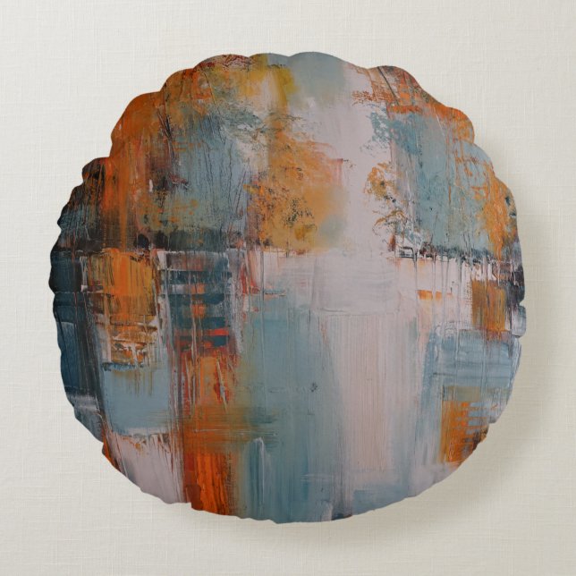 Almofada Redonda Orange, white, and teal abstract painting (Frente)
