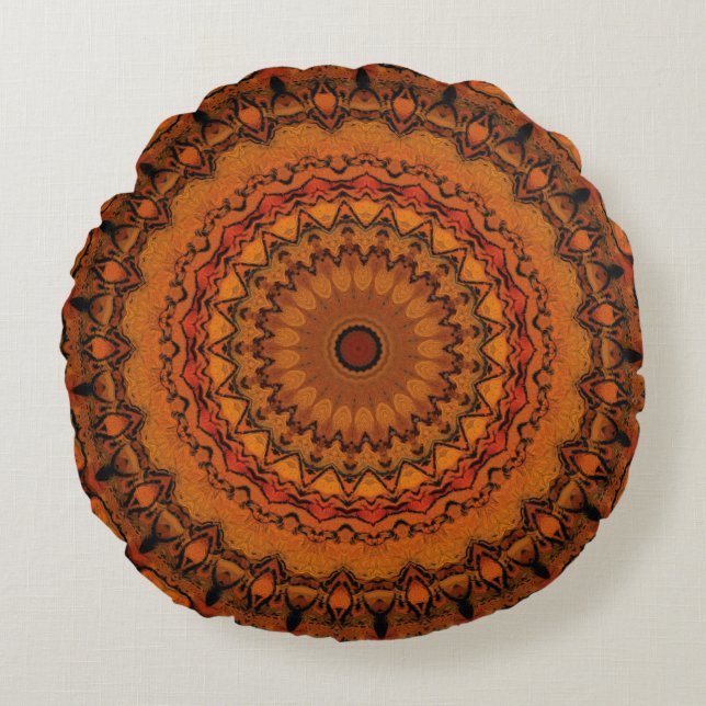 Almofada Redonda Orange, Yellow e Black Mandala (Frente)