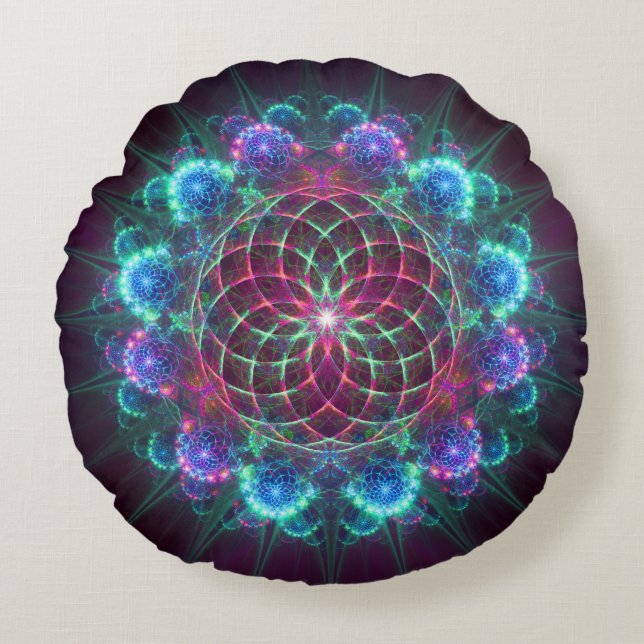 Almofada Redonda Ornamento azul fractal floral (Frente)