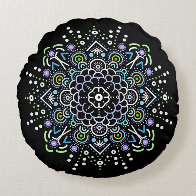 Almofada Redonda Ornamento de Mandala Preto, Roxo e Verde (Frente)