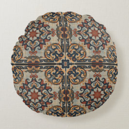 Almofada Redonda Ornamento de Motivo Vintage, Azul Bege Marrom