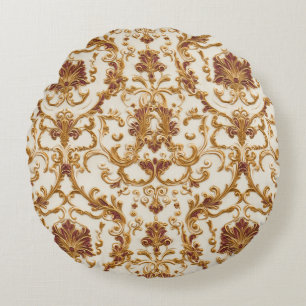 Almofada Redonda Ornamento Dourado Barroco Luxuoso em Marfim
