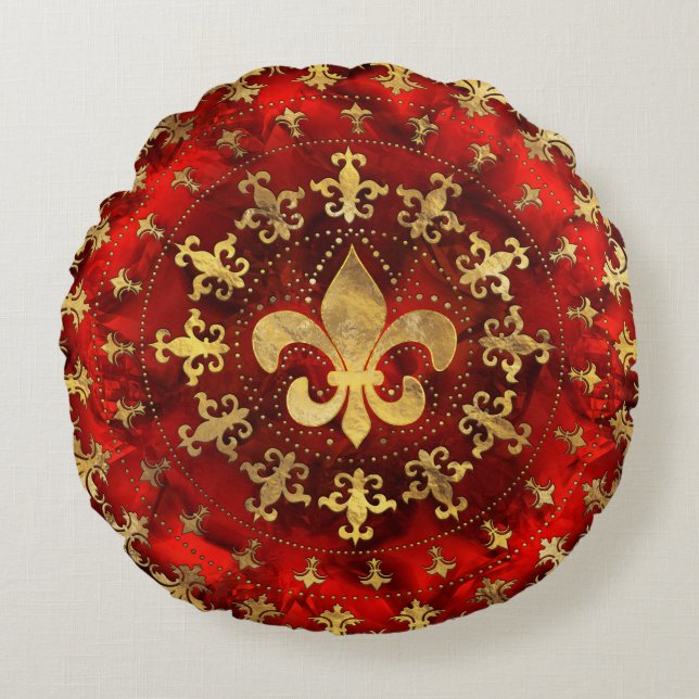 Almofada Redonda Ornamento Fleur-de-lis Marble Vermelho e Dourado (Frente)