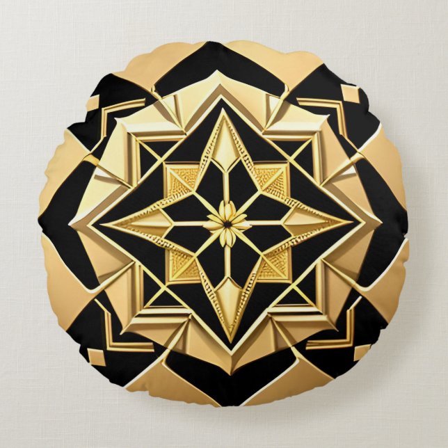 Almofada Redonda Ornamento Geométrico Dourado (Frente)