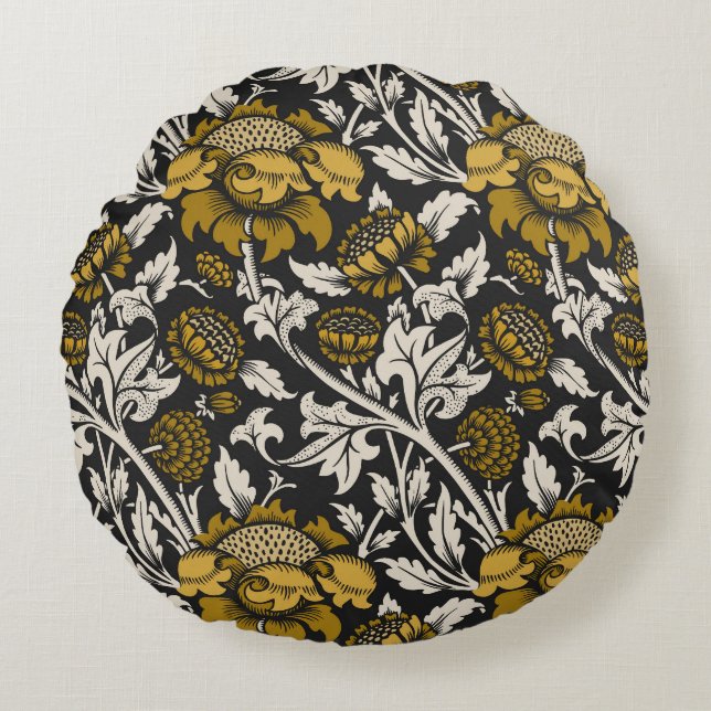 Almofada Redonda Ornate floral pattern with large gold flowers  (Frente)