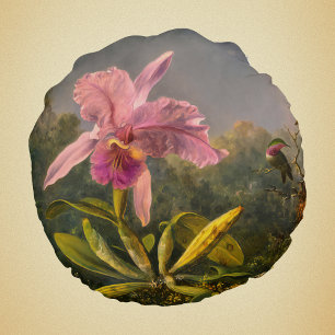 Almofada Redonda Orquídea de Cattelya brasileira e 3 beija-flores