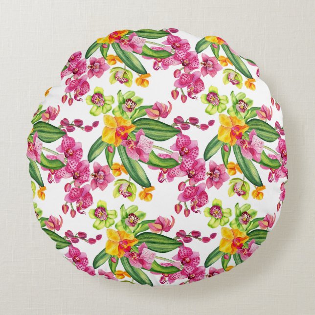 Almofada Redonda Orquídeas Aquarelas Design 18 (Frente)