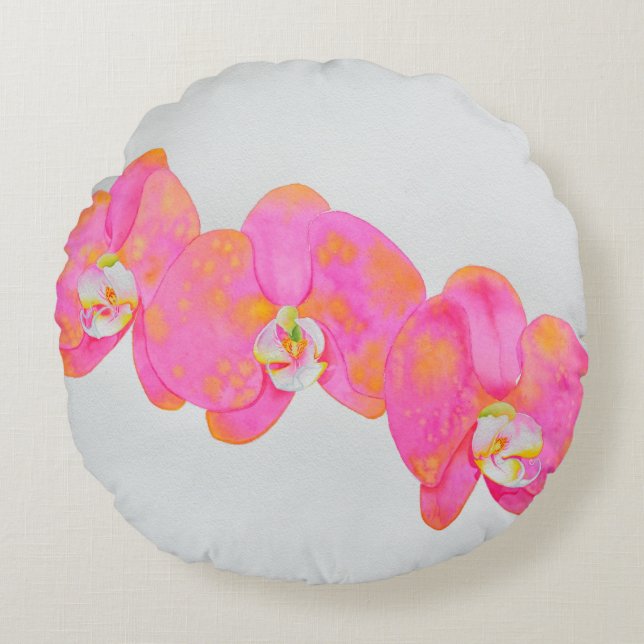 Almofada Redonda Orquídeas em aquarela rosa laranja elegantes (Frente)