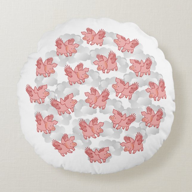 Almofada Redonda Os porcos voam o travesseiro feito sob encomenda (Frente)