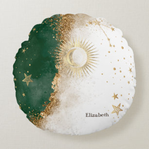 Almofada Redonda Ouro Celestial Sol e Lua Estrelas Verde