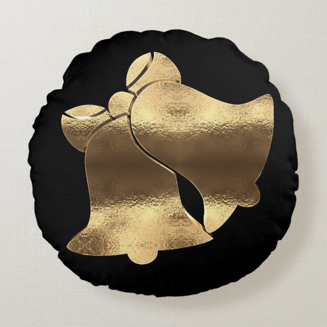 Almofada Redonda Ouro de sinos de Natal preto e Dourado elegantes (Frente)