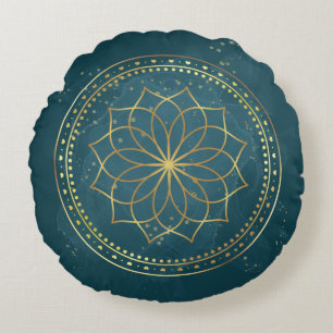 Almofada Redonda Ouro Mandala em Teal