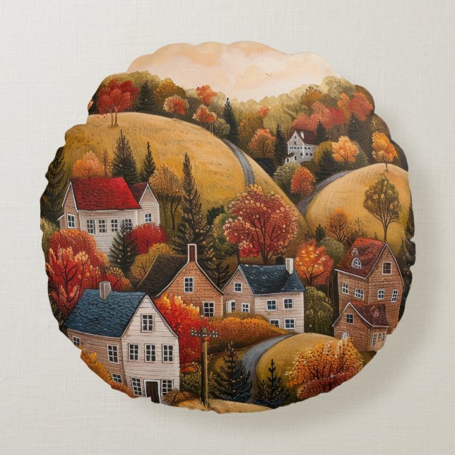 Almofada Redonda Outono Folk Art Oil Painting Round Cushion (Frente)