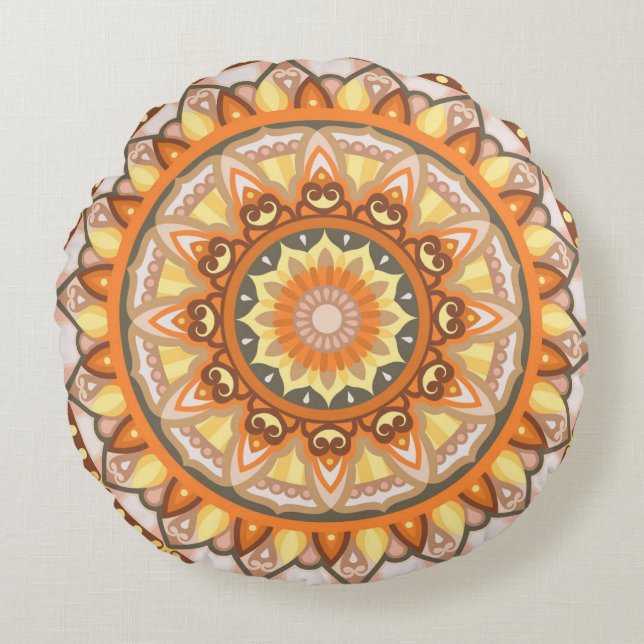 Almofada Redonda Outono Mandala Aconchegante Boho Outono Laranja (Frente)