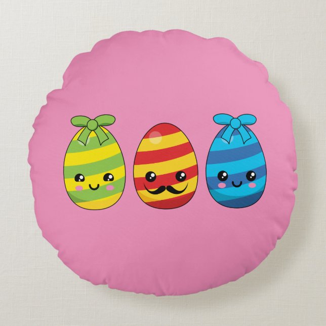Almofada Redonda Ovos de Páscoa de Kawaii com fitas (Frente)