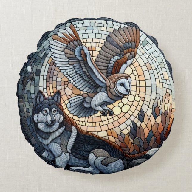 Almofada Redonda Owl e Wolf Mosaic Nature Ai Art (Frente)