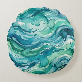 Almofada Redonda Padrão Abstrato Aquarela Oceano Azul